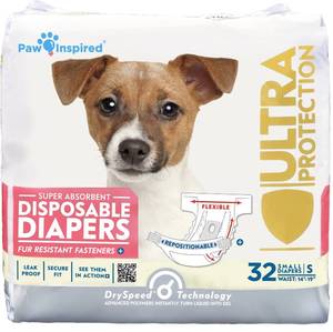 lot 8462 image: Paw Inspired 32ct Disposable Dog Diapers  Female Dog Diapers Ultra Protection  Diapers for Dogs in Heat, Excitable Urination, or Incontinence (Small)