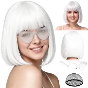 lot 8464 image: PLULON White Short Bob Wig with Bangs for Women, Colorful Neon Short Bob Synthetic Hair Wigs with Hair Cap Heart Sunglasses for Adults Men Daily Bachelorette Halloween Costume Party Supplies