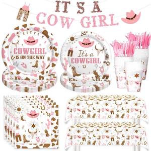 lot 8467 image: Costova Cowgirl Baby Shower Supplies Tableware Set, Baby Shower Decorations for Girl, Western Wild West Rodeo Party Supplies Banner Tablecloth Plates Napkins Forks Knives Spoons Cups Serves 24
