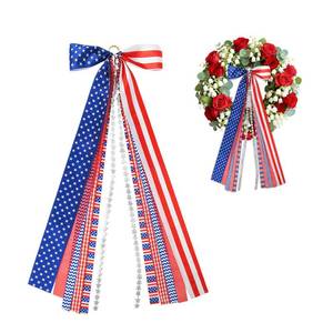lot 8481 image: Patriotic Ribbon Bow, 4th of July Red, White & Blue Stars and Stripes Wreath Bow, American Flag Style Decor, Large Bow for Front Door, Indoor & Outdoor, Independence Day, Memorial Day