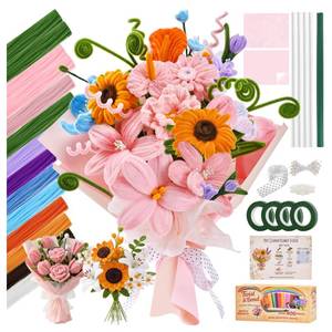 lot 8482 image: 800 PCS Pipe Cleaner Flower Kit, 12 Colors Chenille Stems Craft Kit with Floral Stems, Tape, Stamens, Ribbons, Manual - Make DIY Flowers for Heartwarming Gifts, Family Crafts, Cozy Decor & Bonding