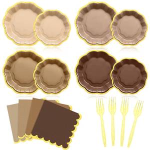 lot 8485 image: FoldTier 96 Pcs Brown Gold Disposable Party Plate Set for 2448 Guests 9 & 7 Scalloped Paper Plate Cocktail Napkin Plastic Forks for Birthday Farmhouse Wedding Baby Shower Tea Party