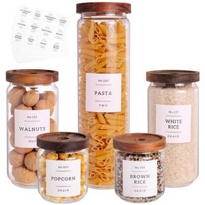 lot 9535 image: 5 Set Glass Pantry Storage Jars with Acacia Airtight Lid - Thicken Glass Kitchen Canisters with 132 Pantry Labels - Clear Glass Food Storage Containers with Wood Lid for Tea,Sugar,Candy,Cookie,Pasta