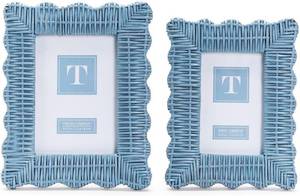 lot 9537 image: Twos Company Handmade Blue Rattan Photo Frame Set - 4x6 & 5x7 Wooden Boho Picture Frames