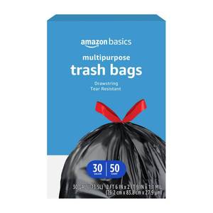 lot 9549 image: Amazon Basics Multipurpose Drawstring Trash Bags, 30 Gallon Capacity, Tear Resistant, 50 Count (Previously Solimo)