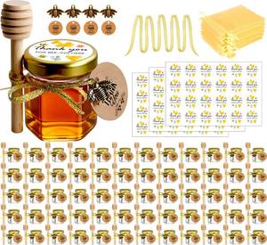 lot 9550 image: Small Honey Jar, Mini Honey Jars with Dipper, Glass Honey Pot Baby Shower Favors, Party Favors & Wedding Favors, Hexagon Honey Container w Lid, Bee Charms, Fabric Ribbons and Bags, 60 Pack 1.5oz