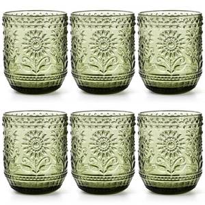 lot 9560 image: Hacaroa Set of 6 Vintage Drinking Glasses, 12 Oz Green Colored Glassware Floral Embossed Water Glasses, Decorative Beverages Tumblers for Cocktail, Whiskey, Beer