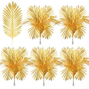 lot 9566 image: Giegxin 30 Pcs Artificial Palm Leaves Large Faux Plants Summer Hawaii Decorations Plastic Palm Fronds Fake Tropical Tree Leaves for Wedding Jungle Safari Party Decoration(8 x 20.5 Inch,Gold)