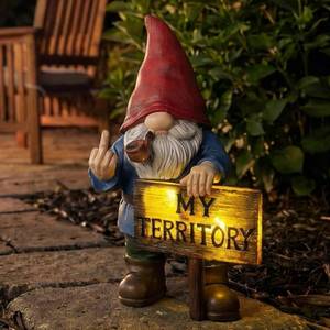 lot 9571 image: Lavezee Funny Garden Gnome, Middle Finger Gnomes Statue with Solar Lighted Sign �� My Territory for Patio Backyard Porch Outdoor, Humorous Housewarming Gifts for Men Dad Husband