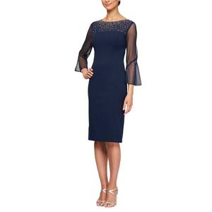 lot 10042 image: Alex Evenings Womens Short Shift Cocktail Dress with Embellished Illusion Detail, Wedding Guest (Petite and Regular Sizes), NavySilver, 12P