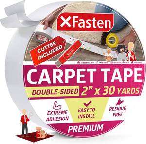 lot 10047 image: XFasten Double-Sided Carpet Tape for Area Rugs, 2 Inch x 30 Yards (90 Ft) wMini Cutter, Heavy Duty Grippy Residue-Free Silicone Adhesive Keeps Rugs in Place on Hardwood, Laminate and Tile Floors