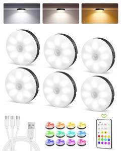 lot 10049 image: EZVALO 6-Pack RGB Under Cabinet Lights with Remote, Rechargeable Motion Sensor Puck Lights, 3 Color Temps, 12 RGB Colors, Dimmable, Magnetic Stick On Lights for Counters, Closets, Shelves (Black)