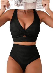 lot 10080 image: Herseas Womens Black Bikini Sets 2 Piece Twist Front Textured Swimsuits M
