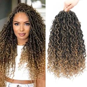 lot 10139 image: Col Bling 14 Inch 8 Packs Goddess Locs Crochet Hair Ombre Faux Locs Crochet Hair for Women Pre Looped Boho River Locs Hair with Curly Ends Synthetic (#T27)