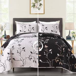 lot 11600 image: DJY Floral Quilt Set FullQueen Size 3 Piece Botanical Bedspread, Leaves Pattern White and Black Reversible Coverlet Set, Elegant Lightweight Floral Bedding Set with Pillowcases for All Season (Slight Use)