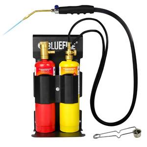 lot 11609 image: BLUEFIRE Oxypropane Welding Gas Cutting Torch Kit with Flint Lighter and Cylinder Holder Rack - For Jewelers Hvac Map Gas Torch Kit Brazing Mapp Gas Torch, Soldering Oxy Acetylene Torch Kit