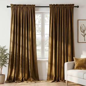 lot 11630 image: Dchola Gold Brown Velvet Curtains for Bedroom Window, Super Soft Vintage Luxury Heavy Drapes, Room Darkening Rod Pocket Curtain for Living Room, W52 by L96 inches, 2 Panels