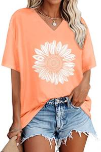 lot 12010 image: Oversized Tshirts for Women V Neck Short Sleeve Summer Casual Basic Loose Tops, Orange White Sunflower, S (Not As Pictured)