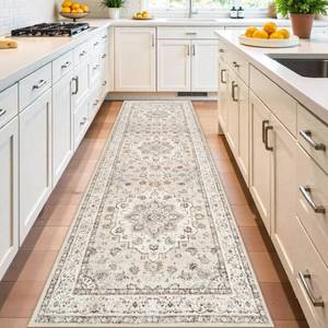lot 12014 image: Entryway Washable 3x10 Runner Rug Oriental Low Pile Rugs for Kitchen Hallway Distressed Stain Resistant Carpet for Bedroom Medallion Non Shedding Floor Mat For Bathroom Dining Room (3x10,CreamBeige)