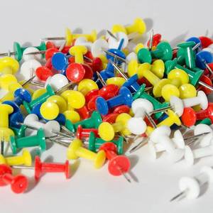 lot 12016 image: 100 Pack Push Pins Tacks, Clear Plastic Head, Steel Point,Thumb Tacks for Bulletin Board,Stick Pins Thumb Tacks for Cork Board Wall Hangings (100, Assorted Colors)