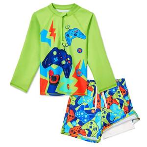 lot 12061 image: Boys Long Sleeve Swimsuit 2 Piece Set, UPF 50 Sun Protection Rash Guard with Swim Trunks, Toddler & Kids Swimwear Size 3T��8