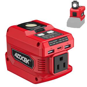 lot 12066 image: 220W Azocek Power Inverter Compatible with Milwaukee 18V Battery, DC 18V to AC 110V Portable Power Station with 1 AC Outlet, 2 USB Ports & 1 Type-C Fast Charging, 400LM LED Work Light