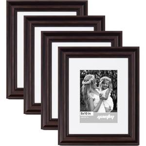 lot 13289 image: Yaetm 8x10 Picture Frame Matted to 5x7 Set of 4, 1.4 Wide Molding & Dark Brown Photo Frames 8 x 10 with HD Tempered Glass, Display on Tabletop & Wall Mounting (4 pack, Brown)