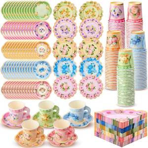 lot 13299 image: Nuogo 300 Pcs Vintage Floral Disposable Tea Party Set with Handles - Tea Cups, Saucers, Plates, Napkins for 100 Guests, Summer Party Supplies for Birthday Baby Shower Wedding
