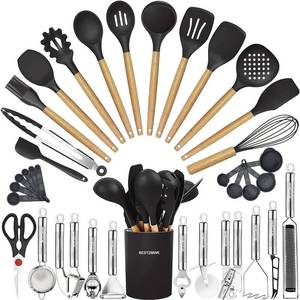 lot 13312 image: Cooking Utensils Set- 35 PCs Kitchen Utensils with Grater,Tongs, Spoon Spatula &Turner Made of Heat Resistant Food Grade Silicone and Wooden Handles Kitchen Gadgets Tools Set for Nonstick Cookware