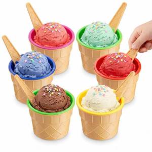 lot 14381 image: JoyServe Ice Cream Bowls and Spoons Set - (Pack of 12) Reusable Plastic Ice Cream Cups and Waffle Cone Shaped Spoons for Dessert, Frozen Yogurt, Gelato, Birthday Party Decorations