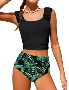 lot 14408 image: Doumlop Girls Swimsuits Size 10-12 Girls Bathing Suits 10-12 Cutout Back Twist Tankini Top with Printed Bottom Two Piece Swimsuits for Girl 10 12 Swimwear Black