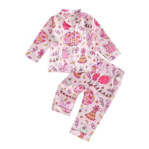 lot 14442 image: Kuriozud Toddler Kids Little Girls Birthday Satin Silk Pajamas Long Sleeve Button Down Sleepwear Fall Pjs Set Nightgown 1-9 Y (Pink, 2-3 Years)