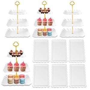 lot 19659 image: 10 Pack Dessert Table Display Set, 4 Three-Tier Square Cupcake Stands and 6 Serving Trays for Cakes, Cupcakes, Pastries and Snacks, Baby Shower Decorations, Bridal Shower, Birthday, Wedding Party (Used)
