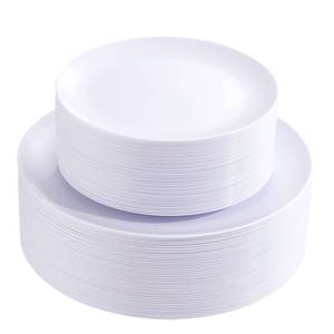 lot 19666 image: PULOTE 100PCS White Plastic Plates Disposable - Heavyweight 50 White Dinner & 50 DessertSalad Plates for Wedding, Party