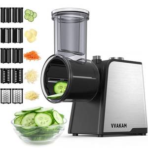 lot 19673 image: VVAKAM Electric Cheese Grater,300W DC Motor Salad Maker,Electric Slicer Shredder with 5 Different Shapes of Blades,Electric Vegetable Cutter for Potato,Carrot,Black