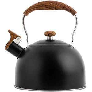 lot 19689 image: Whistling Tea Kettles with Wood Grain adjustment Nylon Handle, 2.3 Quart Capacity with Capsule Base Tea Kettle, Black