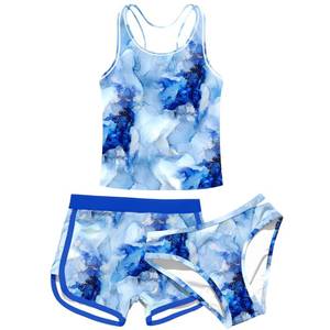 lot 20014 image: uideazone 3 Piece Bathing Suits for Girls Size 10 Dry Quick Hawaiian Marbling Style Swimsuit with High Elasticity Shorts Racerback Tankini Swimwear Sets 10t 11t