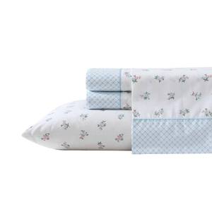 lot 20019 image: Laura Ashley - Queen Size Sheet Set, Crisp Cotton Percale Bedding with Printed Hem Pillowcases, Fully Elastic Fitted Sheet, Deep Pocket, Floral Bedroom Decor (Harperette Blue)