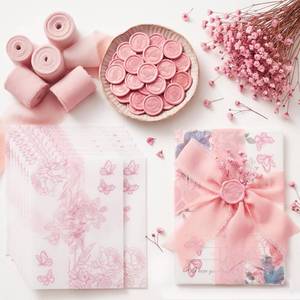 lot 20021 image: YouxuanAio 50 Set Wedding Invitations Wraps Set Pre Folded Vellum Jackets for 5 X 7 Invitations Wax Seal Stickers Dried Flowers Chiffon Silk Ribbon for Craft diy (PINK)