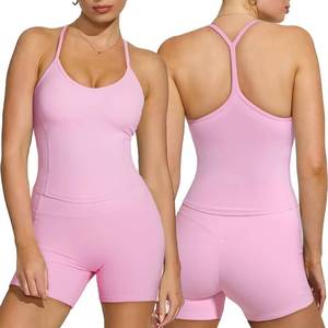 lot 20026 image: SUUKSESS Women Sexy Racerback 2 Piece Workout Sets V Neck Y Back Padded Sports Bra High Waisted Shorts with Pockets(Pink,XS)
