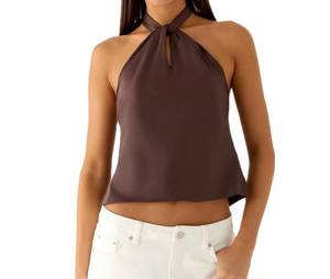 lot 20030 image: Women Summer Halter Tops Satin Silk Tie Back Keyhole High Neck Crop Tank Small