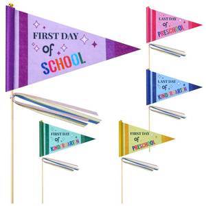 lot 20037 image: Breling 5 Pcs Preschool First Day of School Felt Pennant Flags Set DIY Pennant Kindergarten Last Day Banner Flags Handheld Decorative Sign with Wooden Stick & Ribbons for School(Preschool)