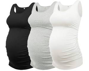 lot 20040 image: AMPOSH Womens Maternity Tank Tops 3 Pack Cotton Sleeveless Ruched Side Pregnancy Postpartum Shirts Soft Stretch Basic Top(BlackGrayWhite, M)