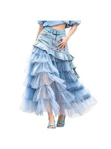 lot 20488 image: Womens Y2K Denim Ruffle Skirt High Waisted A Line Maxi Skirt with Layered Tulle Mesh Overlay Vintage Long (Blue,Large)