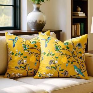 lot 20489 image: MUSSEL Yellow Velvet Floral Decorative 20x20 Pillow Covers Set of 2