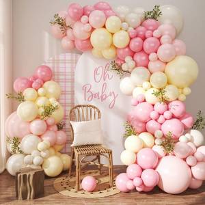 lot 20498 image: JUNXIAUP Pink and Yellow Balloon Garland Arch Kit 163Pcs, Pastel Pink Light Pink Yellow Sand White Balloon Arch Kit for Birthday Baby Shower Bridal Shower Wedding Bee Bear Themed Party Decorations