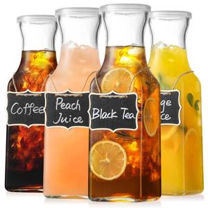 lot 1228 image: Set of 4 Square Glass Carafe with Lid, 1 Liter Clear Glass Pitcher, Beverage Serveware Carafe for Mimosa Bar, Brunch, Cold Water, Juice, Milk, Iced Tea, Lemonade