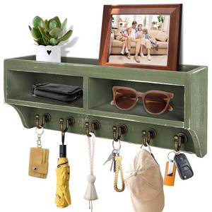 lot 1242 image: KERESUEDO Key Holder Wall Mount with Mail Organizer, 6 Hooks & Shelf, Green