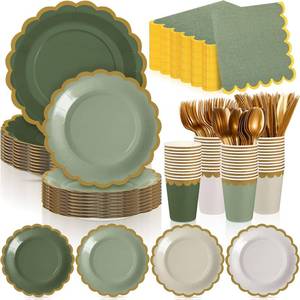lot 1244 image: Mimorou 338 Pcs Sage Green Plates and Napkins Party Supplies for Guests Sage Green Tableware Include Scalloped Plates Paper Napkin Cup Spoon Fork Knife for Baby Shower, Wedding, Birthday
