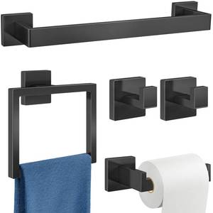 lot 1268 image: Gypie 5-Piece Bathroom Hardware Accessories Set, Towel Racks for Bathroom Wall Mounted Stainless Steel, Matte Black Towel Bar Set 16In